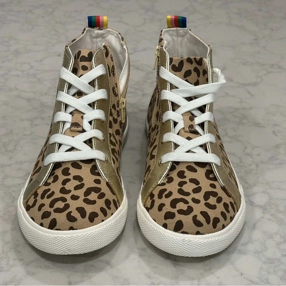 Mini Boden Girls Leopard Print High Top Sneakers Gold Trim Rainbow Zip Size 39
